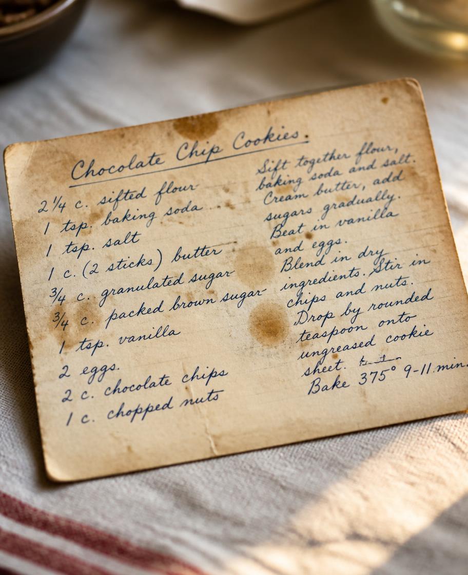 A faded handwritten recipe card with coffee stains and looping cursive