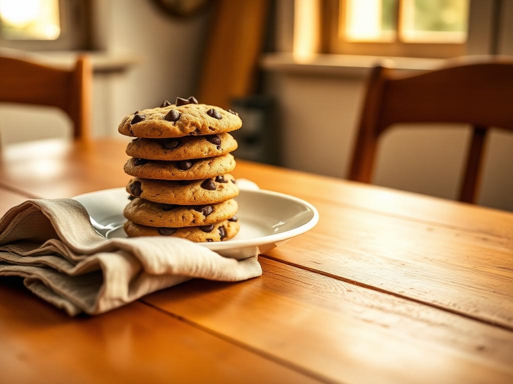 A stack of freshly baked chocolate chip cookies on a cream plate in warm window light